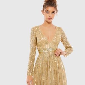 Mac Duggal 4977 Taupe Gold Long Sleeve Sequin & Bead Dress Size 6 $598